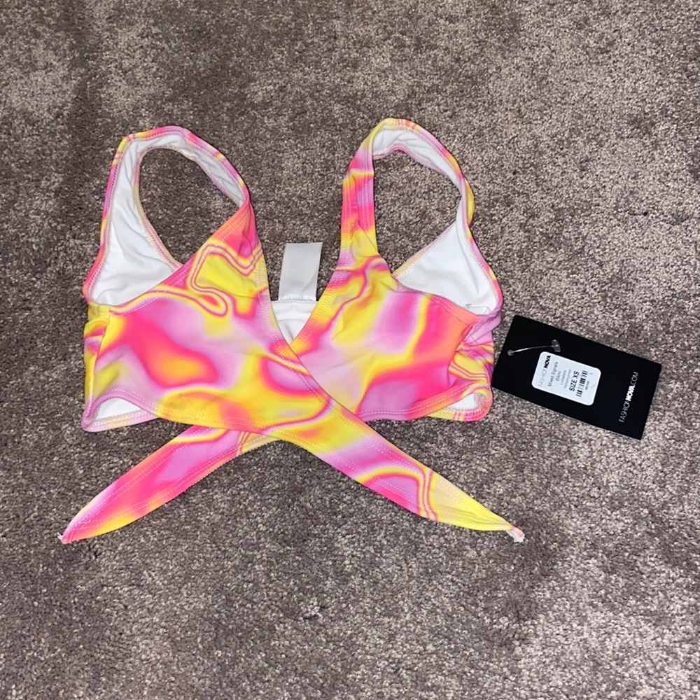 NWT Fashion Nova Mixed Signals Neon Pink Yellow Marble Wrap Bikini Top SIZE XS